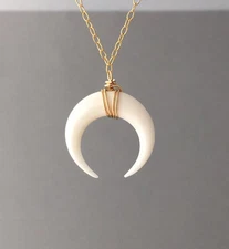 SMALL White Bone Double Horn Pendant Necklace Crescent Moon Silver Rose Gold