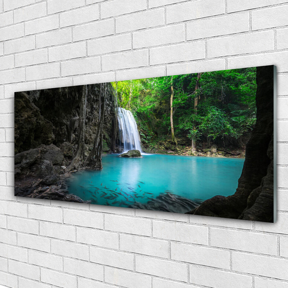 Impression sur verre acrylique 125x50 cm image tableau nature lac chute d'eau