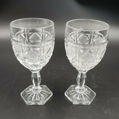 Cut Crystal Water Goblet Drinking Wine Blown Glass Cut Diamond Hexagon Foot PAIR