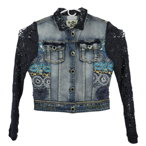 Desigual Exotic Jeans Knit Sleeve Embellished Blue Denim Jacket Women's Sz  42 | eBay