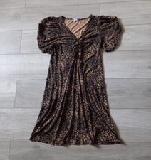 Next Black & Beige Leopard Print Stretch Dress Flared Ruched Smart Casual UK10