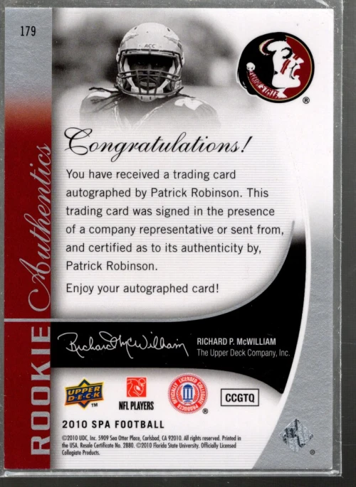 B2917- 2010 SP Authentic #179 Patrick Robinson RC Auto /599 SAMPLE PIC - Image 2 of 2