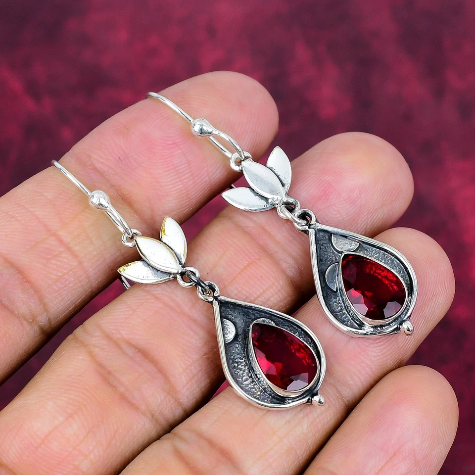 Garnet Gemstones Handmade 925 Sterling Silver Jewelry Earring For Thanksgiving - Image 4 of 4