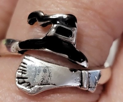 Victorian Trading Dainty Witch Hat & Broom Silver Ring Adjustable 42c