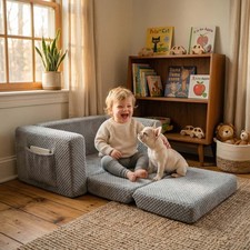 Sherpa Kids Couch, 2-in-1 Fold-Out Comfy Chair for 3 Years Old, Grey