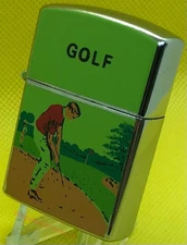 ✌️KRON IMPERIAL JAPAN Flip-Top Petrol Lighter Multicolor Painted GOLF Scene✌️