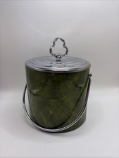 Vintage Irvinware Avocado Green Ice Bucket MCM Barware w Lid Handle USA