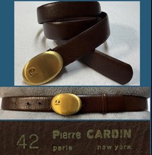 Vintage 70s 80s Pierre Cardin Sz 42 Brown Leather Belt Oval GoldTone Logo Buckle