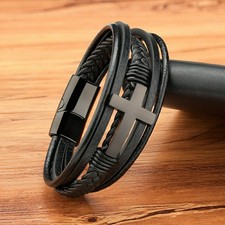 Multilayer Men's Bracelet , Genuine Leather with Cross, Christian Bangle Gift