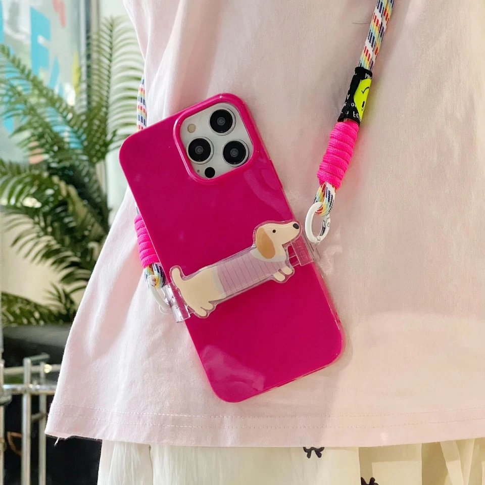 Elegant rosy iphone15 case with dachshund back clip long rainbow crossbody strap - Image 2 of 4