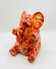 Pomme Pidue Lony Elephant Piggy Money Coin Bank Orange Floral Flowers Vibrant