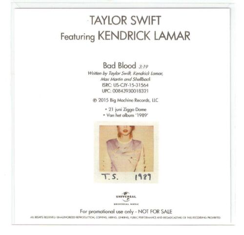 Taylor Swift FT Kendrick Lamar 'Bad Blood' DUTCH rare 1 Track Rare Cd Promo - Picture 2 of 2