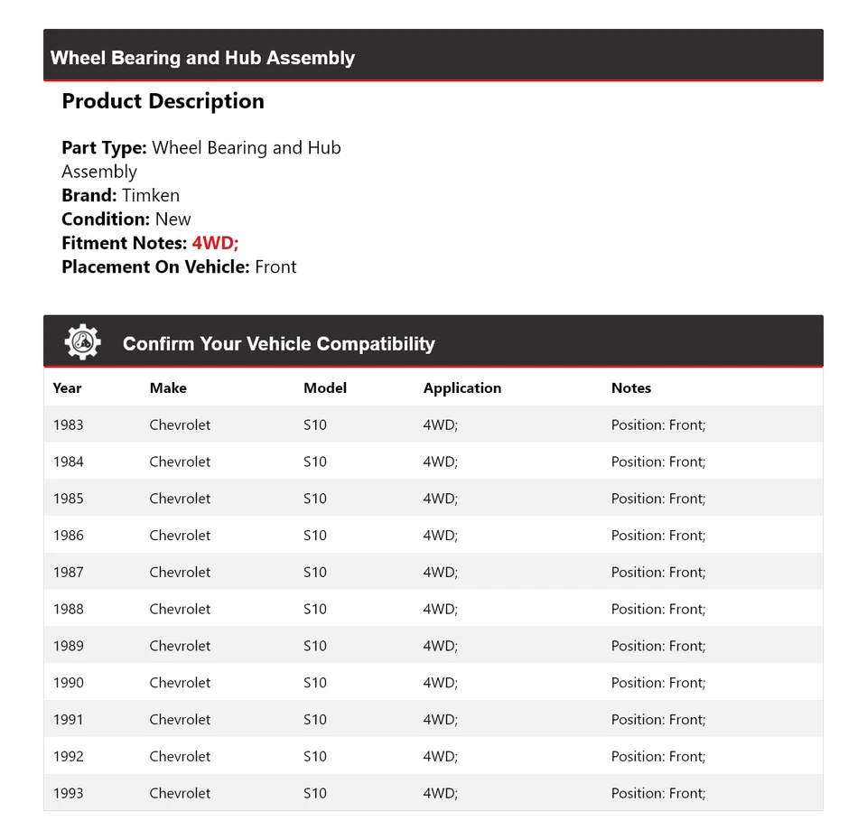 Para 1983-1993 Chevrolet S10 4WD rolamento de roda e conjunto de cubo dianteiro Timken 1984 - Imagem 2 de 4