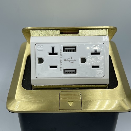 Pop Up Floor Outlet Box with 20Amp and USB Chargers. 2 Pack. Gold - Picture 5 of 7