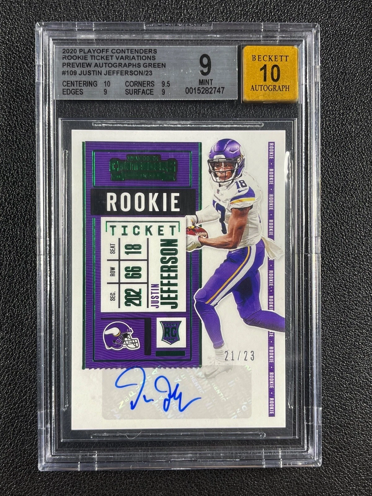 Justin Jefferson Panini Playoff Contenders Rookie Ticket Preview Autographs #109 Green