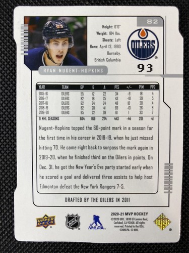 2020-21 Upper Deck MVP Ryan Nugent-Hopkins Colors & Contours Green /20 #82 - Picture 2 of 2