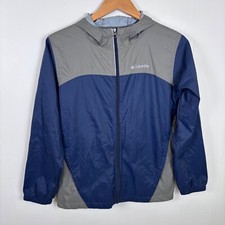 Columbia Kids Sz Large Windbreaker Jacket Hooded Lightweight Blue Gray Packable