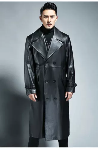 Autumn Men Long Black Pu Leather Spring Trench Coat Double Breasted Outerwear - Picture 10 of 12