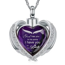 Cremation Heart Urn Necklace Ashes Jewelry for Women Men Wing-G Purple