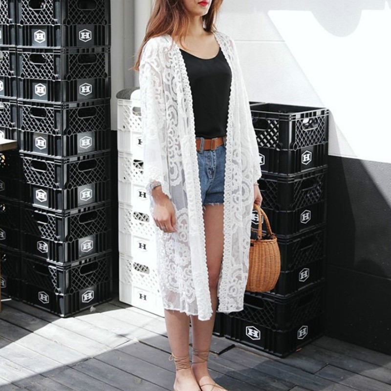 Women Beach Cover Ups Lace White Cardigan Wrap Tops UV Proof Soft Travel  Shirt | eBay