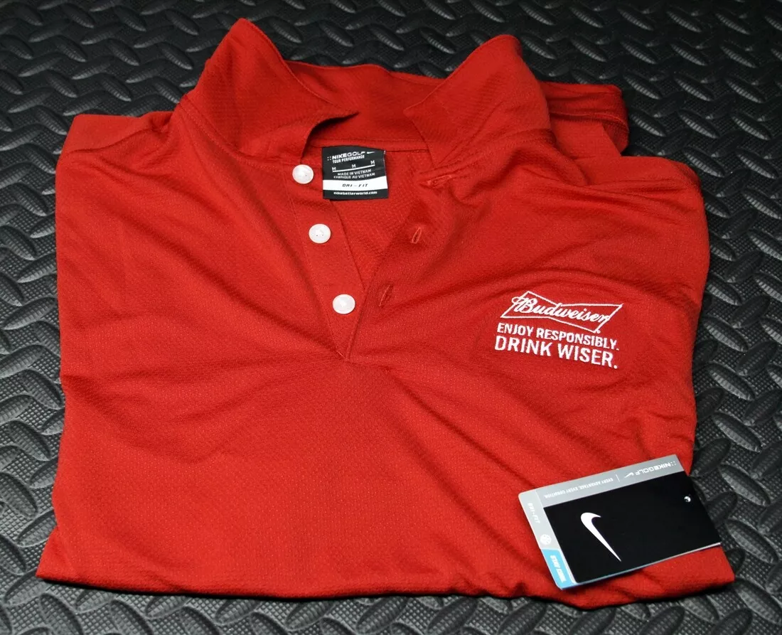 Women s BUDWEISER Nike Golf POLO SHIRT red DRINK WISER Bud Beer Dri Fit SM MD