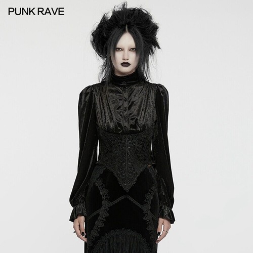 Punk Rave Black Retro Gothic Cyberpunk Velvet Ruffle Shirt Women Party Top - Picture 3 of 22