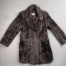 Next Coat Womens Size 8 Brown Faux Fur Back Belt Jacket Soft Pockets Mid Length