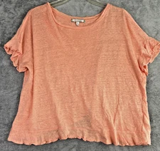 Eri + Ali for Anthropologie Linen Top M Peach Ruffle Trim Open Back Oversized