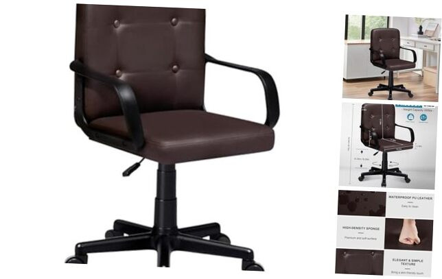Mid-back executive office chair with wheels, armrests, and PU upholstery in coffee brown
