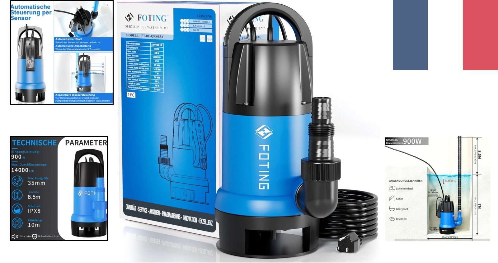 Pompe d'évacuation robuste avec flotteur mécanique et moteur étanche 900W en composite