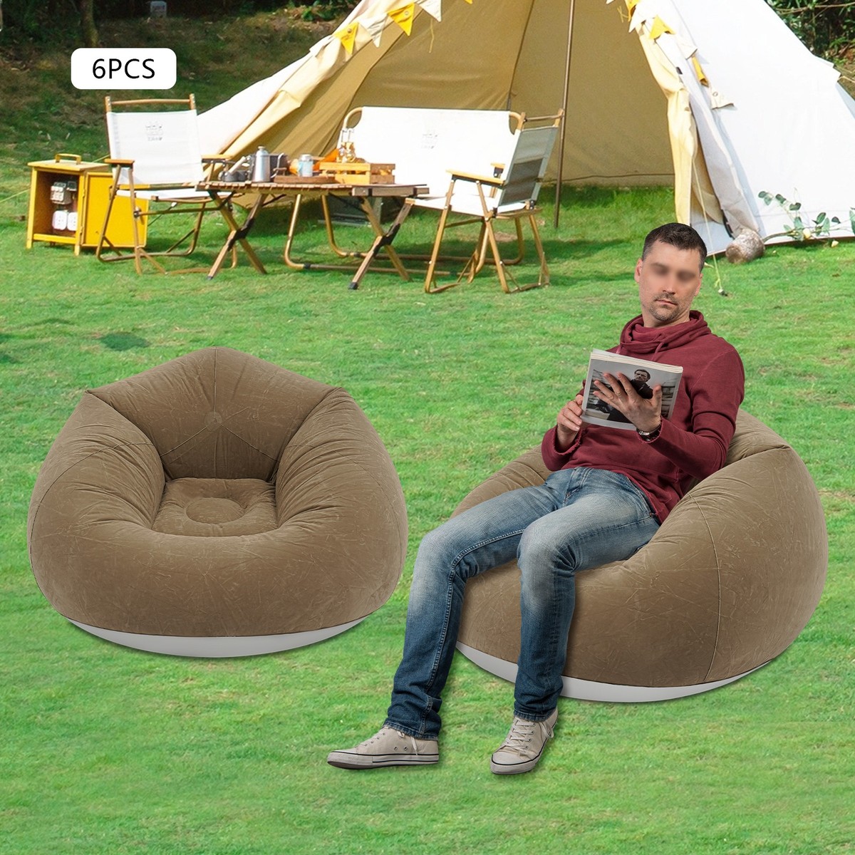 6Pack Blow Up Bean Bag Chair Inflatable Lazy Sofa with Air Pump