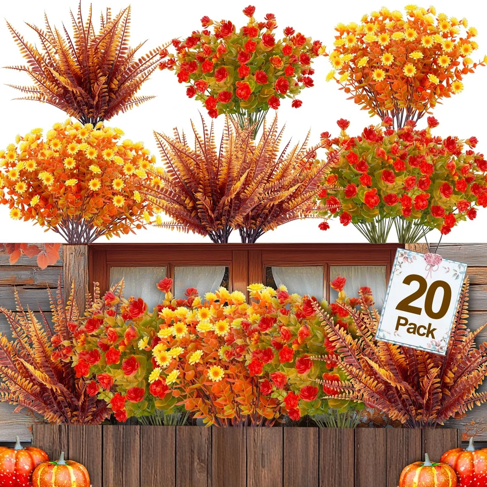 Flores falsas de outono, 20 pacotes, plantas de plástico, decoração para casa, laranja - Imagem 3 de 4