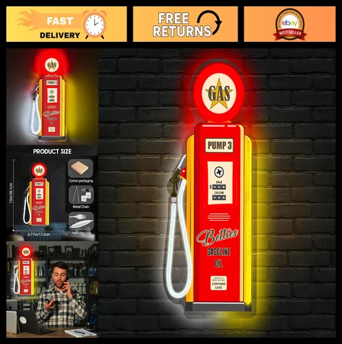 Vintage Gas Pump Neon Sign - Retro LED Wall Decor, Dimmable Light for Bar, Garag