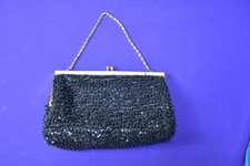 Vtg Purse Clutch Handbag Made In Hong Kong Black Beaded Evening Bag w Chain