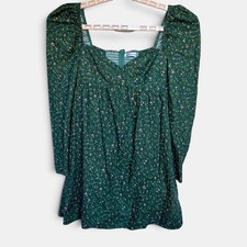 Reformation Green Floral Print Kenzi Dress Sz 2 Puff Sleeve Babydoll Mini EUC