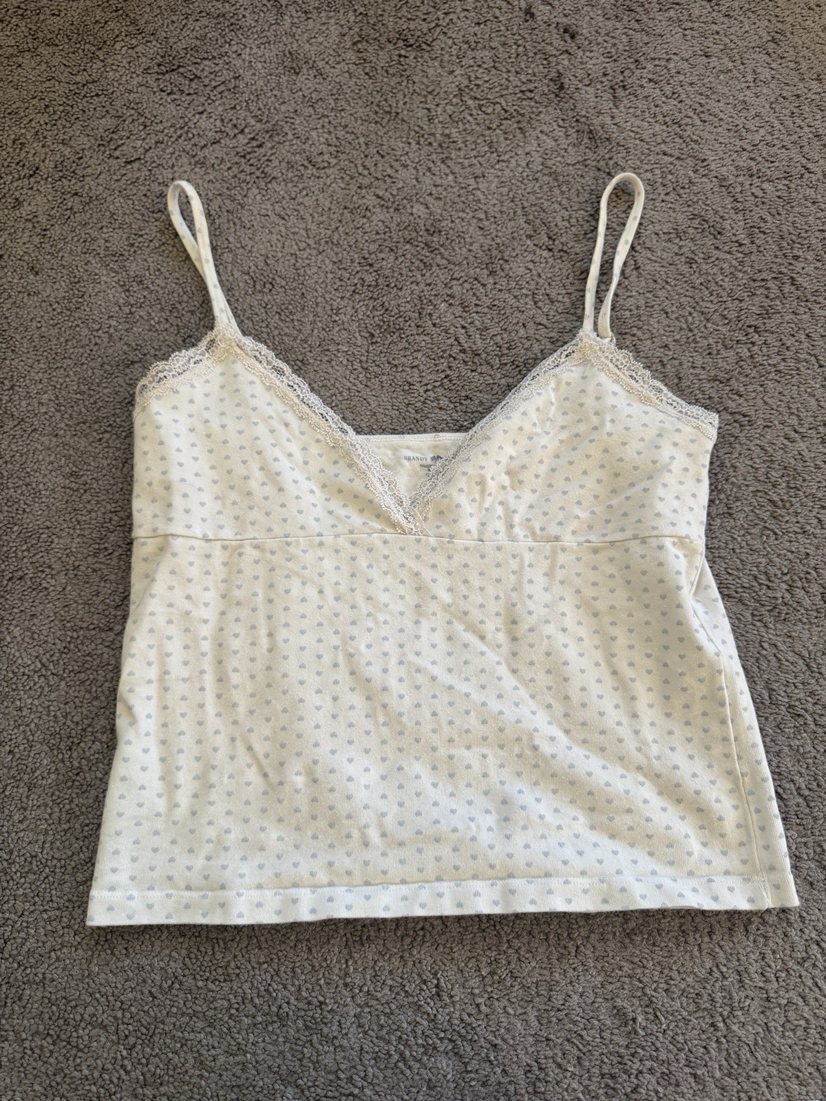 Brandy Melville White Blue Hearts Lace Trim V Neck Tank Top OS