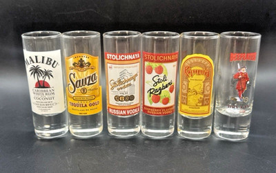 Shot Glasses set 6 Stolichnaya Malibu Beefeater Sauza Kahlua 4'' T Barware Gift