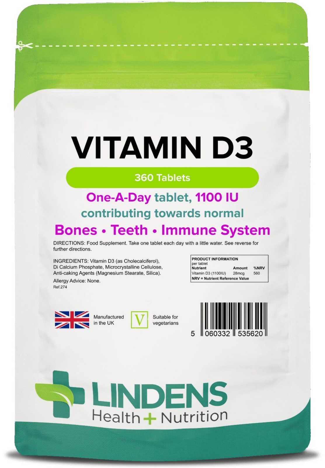 Vitamin D3 1100IU x 360 Tablets (28mcg) Mood, Bone, Immune Health; LINDENS
