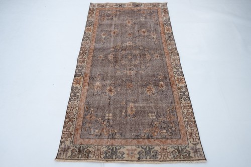 Vintage Turkish Area Rug 4x7 Handmade Wool Carpet with Faded Brown Medallion - Picture 2 of 9