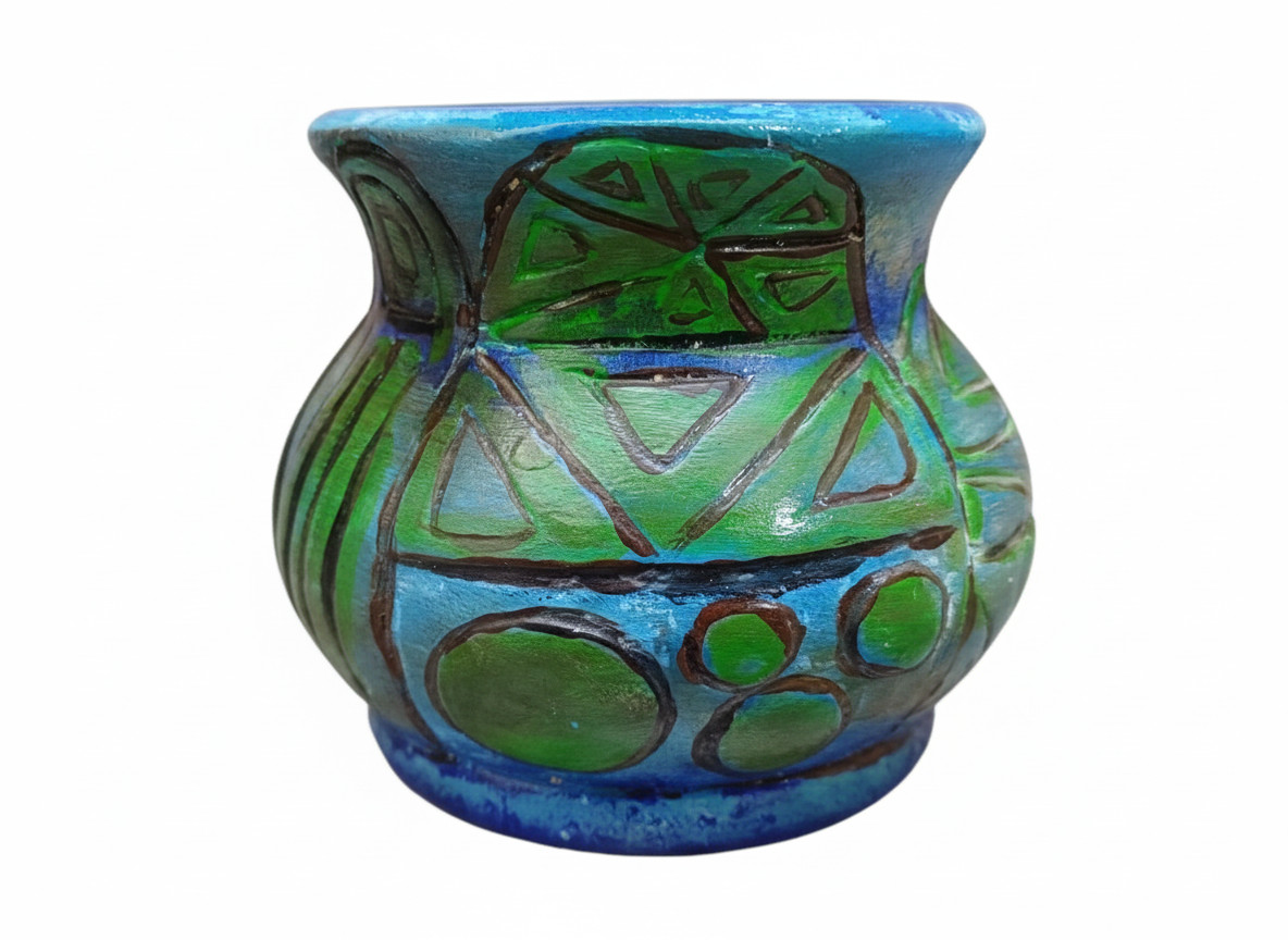 Handmade Artisan Vase OOAK 2010 Hand Painted Abstract Blue Green Pottery thumbnail 3