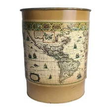 Vintage Bernard Picture Company World Map Atlas Metal Trash Can Office MCM Decor
