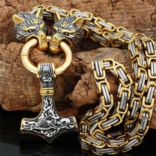 Men’s Stainless Steel Wolf Chain&Viking Thor Hammer Mjolnir Pendant Necklace