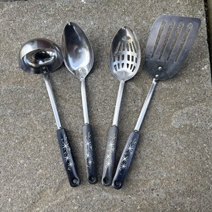 Vintage Ekco Stainless Steel Atomic Starburst Black Kitchen Utensils Set Of 4