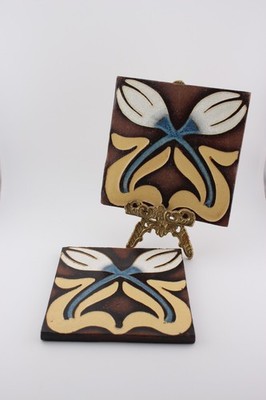 Pair of vintage art deco style decorative ceramic tile flowers tulips