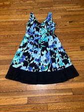 Chaps Womens Floral Dress Sz 8 Turquoise Black Sleeveless Stretch Cotton @ Knee