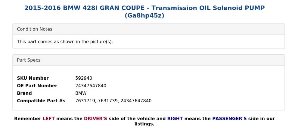 2015-2016 BMW 428I GRAN COUPE — электромагнитный насос трансмиссионного масла (Ga8hp45z) - Изображение 3 из 4