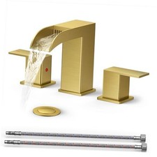 Bathroom Sink Faucet 3 Hole, 8 Inch Widespread Waterfall Square Bathroom Gold