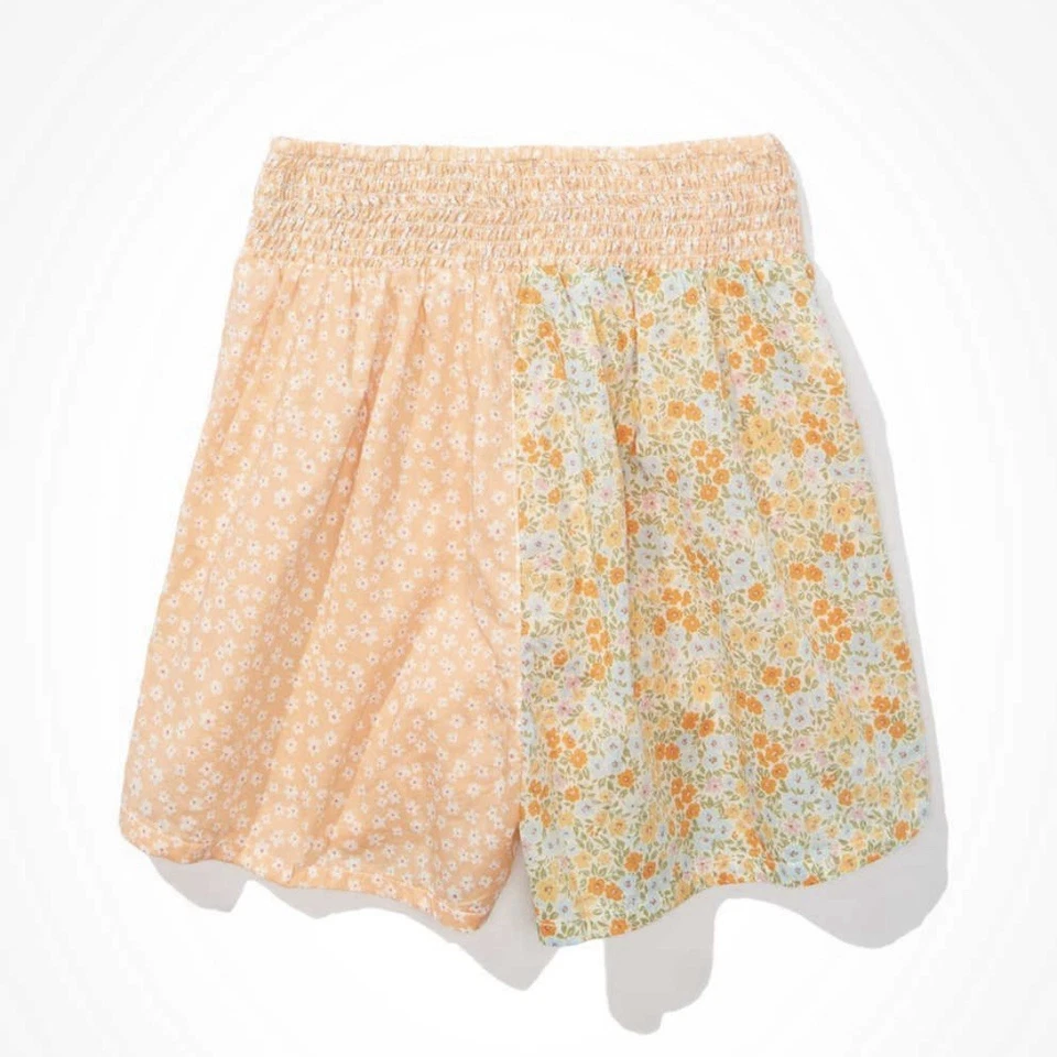 Shorts resort floral American Eagle laranja boho estampa mista bolsos cintura alta M - Imagem 2 de 4