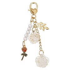 Flower Charm Keychain Gold Tone Rose Pendant Keychains Pearl Chain Keyring