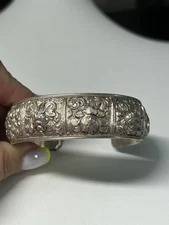 Vintage Bhutanese Sterling Silver Repoussé Cuff Bracelet 925 Floral 46g Boho 
